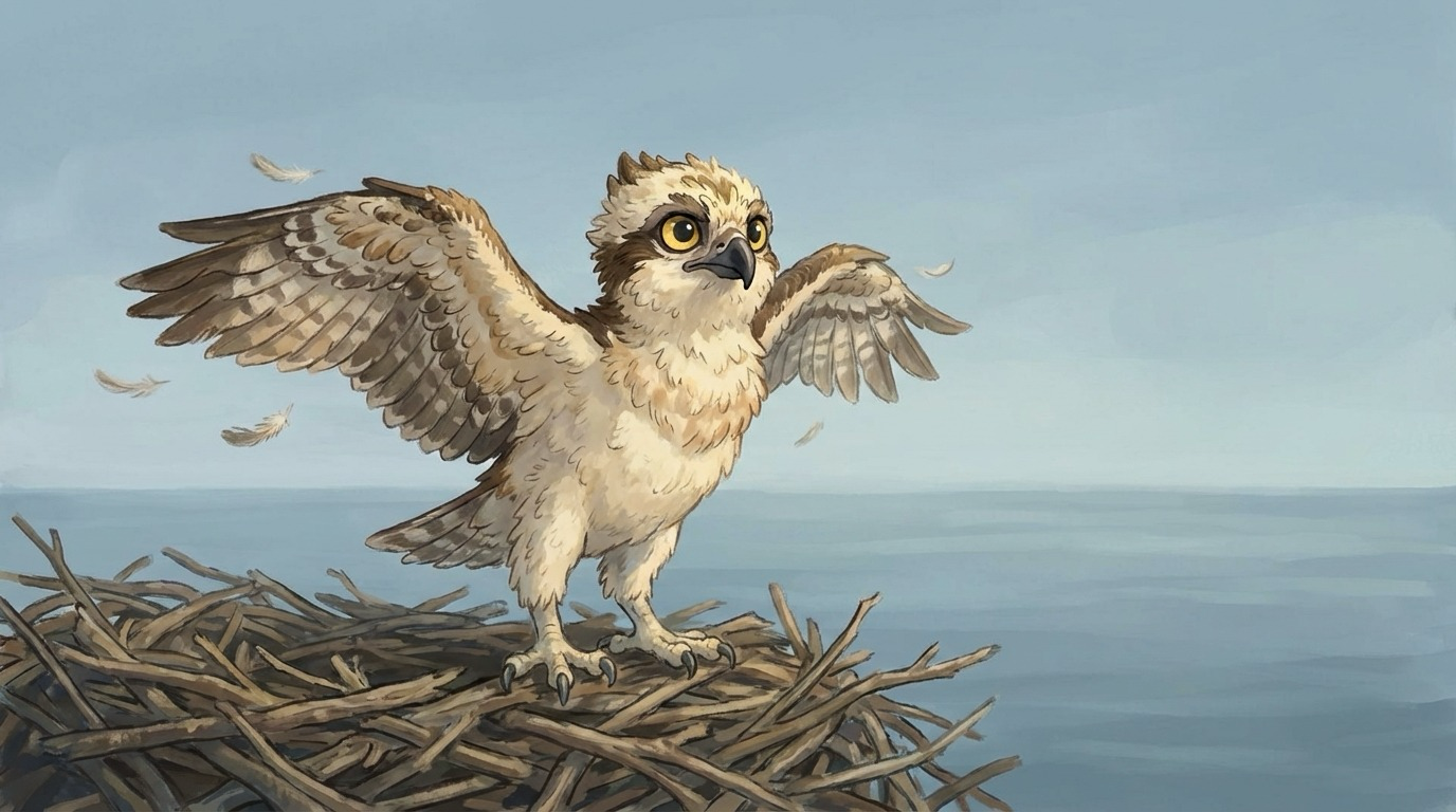 Hendrix the osprey fledgling in his nest, wings spread, ready for first flight